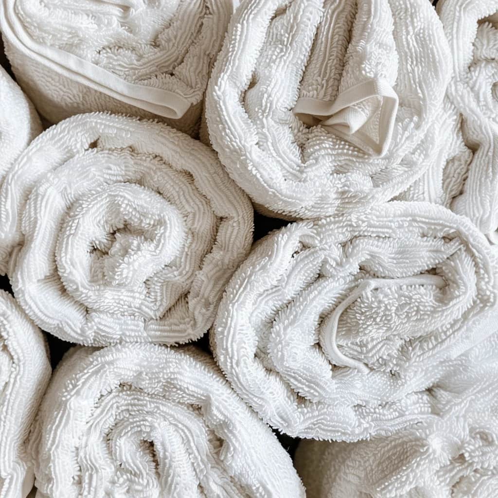 Rolled white spa towels stacked and ready for a session.
